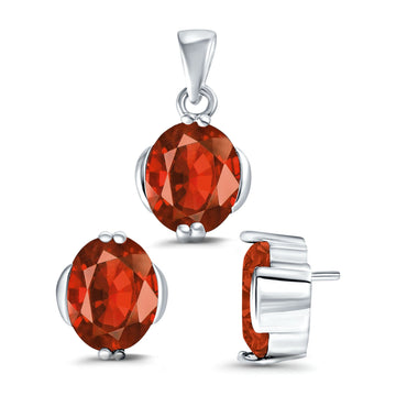 Jewelry Set Pendant Earring Oval Simulated Garnet Cubic Zirconia 925 Sterling Silver